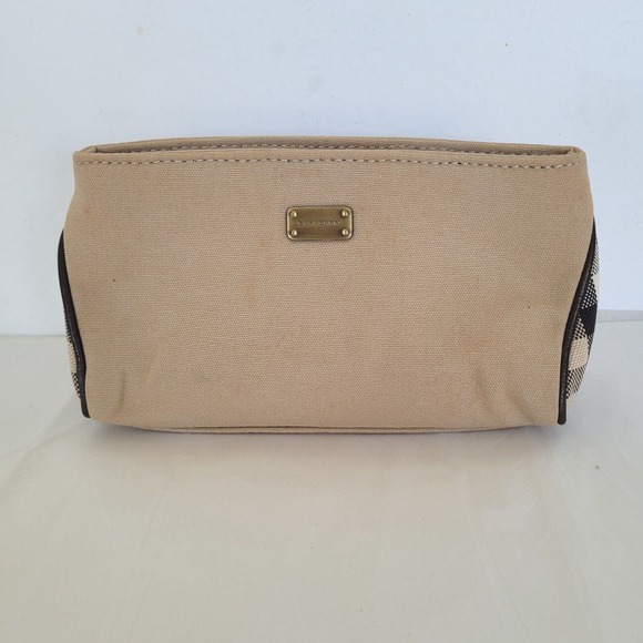 Burberry Vintage Canvas Cosmetic Toiletry Bag Beige Small Pouch Zip Retro Logo - Picture 1 of 9